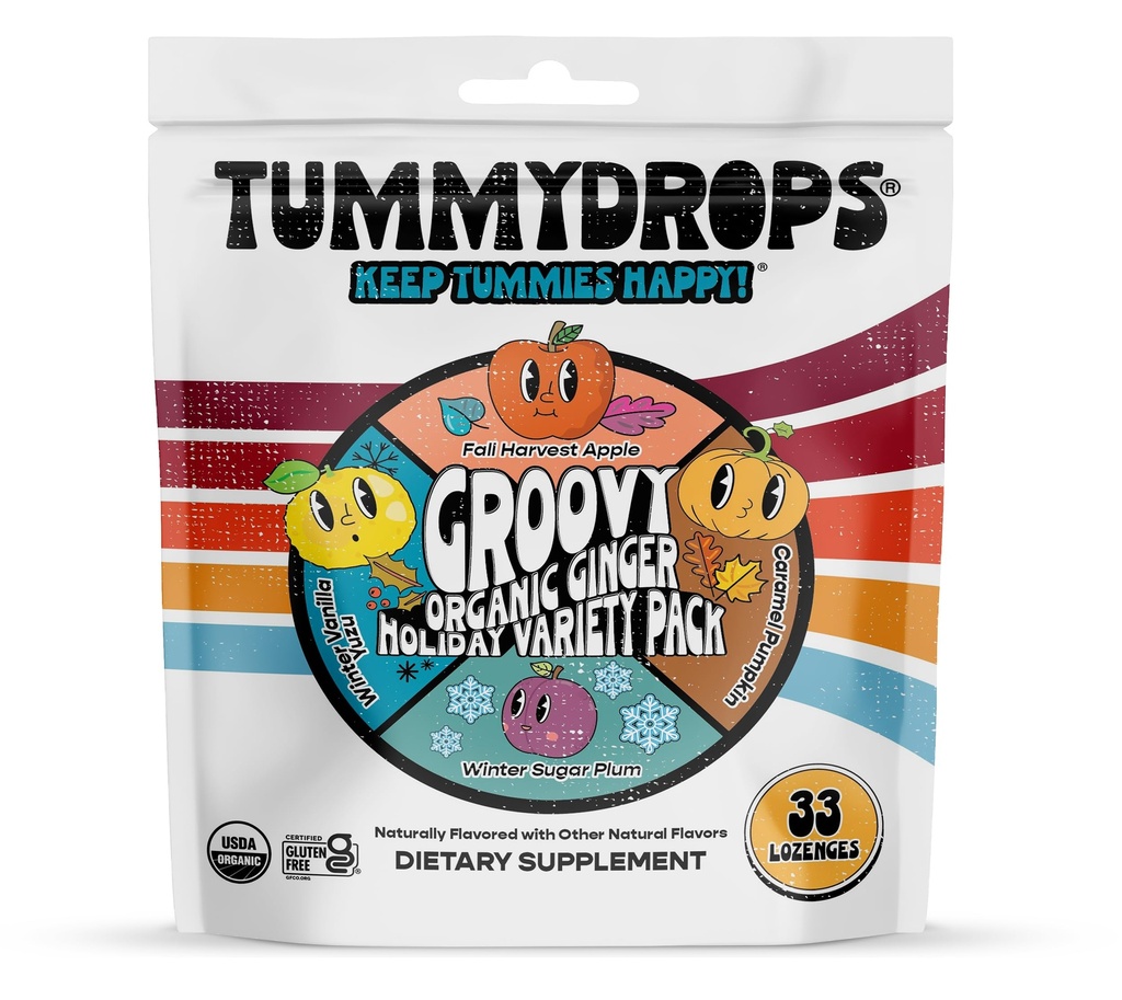 USDA Organic Groovy Ingver Holiday Variety Tummydrops (Karamell Pumpkin, Fall Apple, Winter Yuzu & Sugar Plum Ginger Flavors) Kott 33 erineva tilgaga. Sertifitseeritud gluteenivaba.