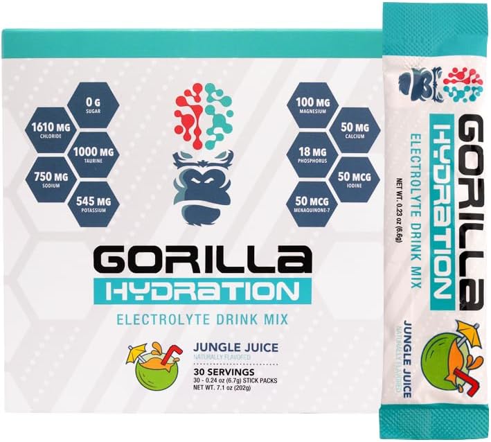 Gorilla Mind Hydration Packets - 3073mg elektrolüüte Go Convenient Joogisegu põhjalikuks täiendamiseks - nullsuhkrut, looduslikult magustatud ja paastumise sõbralik - 30 Count (Jungle Mahl)