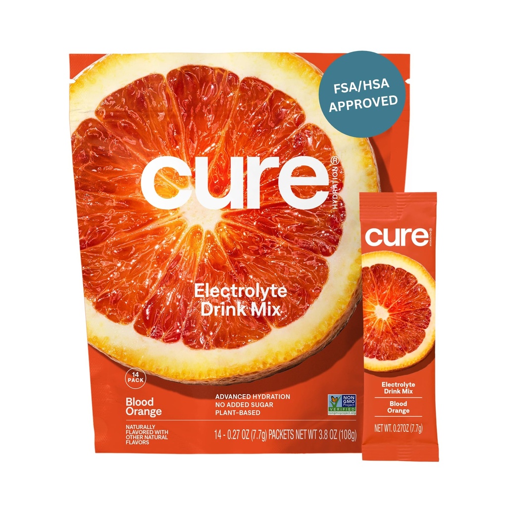 Cure Hydration | Plant-Based Electrolyte Drink Mix | No Add Sugar | FSA-HSA | Dehüdratsioon Relief Pulber valmistatud kookosvesi | Non-GMO | Vegan | Pouch of 14 Packs - Blood Orange