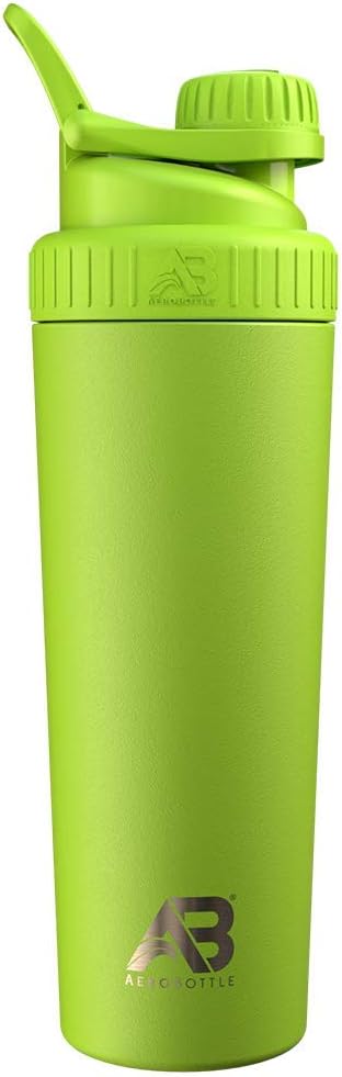 AeroBottle Cryo Shaker Cup, isoleeritud roostevabast terasest veepudel ja valgu raputaja, segab valku ja eeltreeningut turbulentse segamistehnoloogiaga, ei sega palli ega Wisk, 26oz, Eco Shock Green