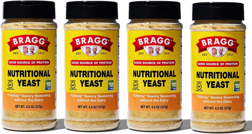 Bragg Nutritional Yeast Seasoning - Vegan, Gluteenivabad juustuhelbed - Hea Valgu ja vitamiinide allikas - Toitaineline Savory Parmesan juustuasendaja - Non GMO Kontrollitud, 4.5 Ounce, 4-Pack