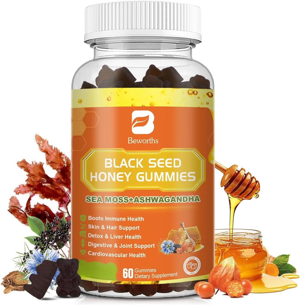Black Seed Oil Sea Sammal Gummies koos Ashwagandha, Burdock Juur, Linden Honey, Elderberry, Kurkum, Vitamiin C, D3 & Tsink - toetab immuunsust, liigesed, seedimine, juuksed ja nahk, Vegan Gummies 60 Loeb
