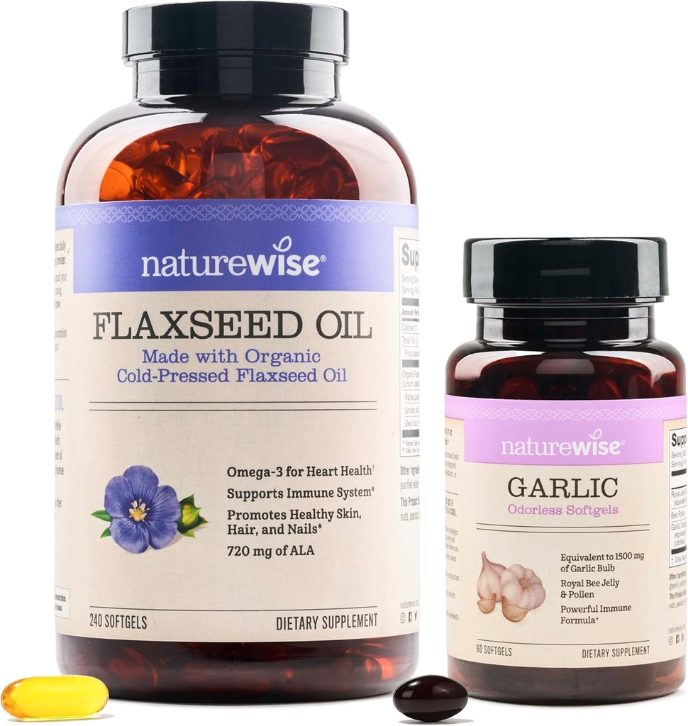 NatureWise Orgaaniline linaseemneõli Max 720mg ALA | Kõrgeim potentsi Linaõli Omega 3 Küüslauk Lõhnatud Softgels 1500mg Tugihambad ja immuunsüsteem Tervis
