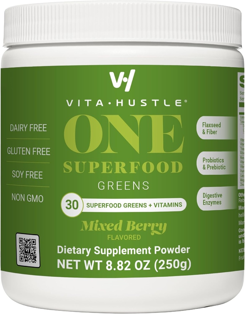 VitaHustle ONE Superfood Super Greens Pulber prebiootikumidega + probiootikumid, vähendage puhitust, detox, soolestiku tervis, Spirulina, Chlorella, seedetrakti ensüümid (Berry Flavor, 25 Servings)