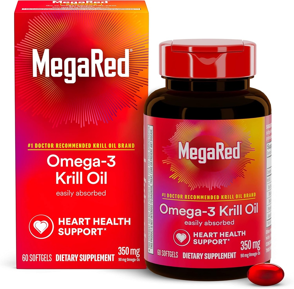 Omega-3 Krill Oil 350mg Softgels, MegaRed (60 Count In A Bottle), EPA & DHA Omega-3 Fatty Acids With No Fishy Aftertaste Unlike Fish Oil, Contains Antioxidant Astaxanthin