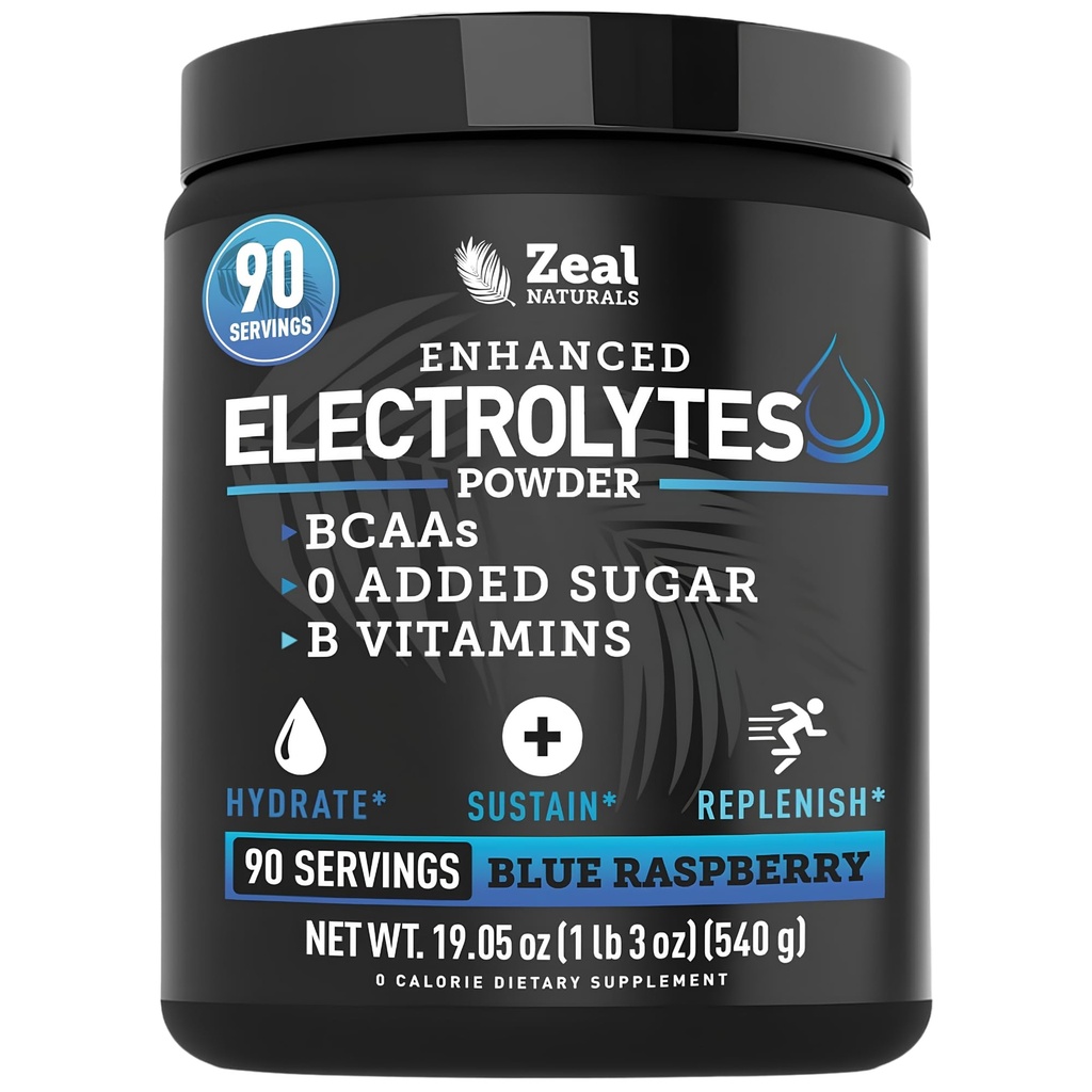 Zeal Naturals Electrolyte Powder Recovery Drink (90 Servings | Blue Vaarika) w 0 Suhkur +BCAAs + B-vitamiinid Elektrolüütlisand w kaaliumtsink & magneesium hüdreerimiseks - Keto elektrolüüdid