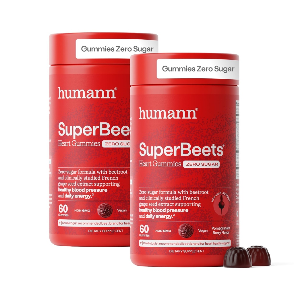 humanN SuperBeets Heart Gummies - Beet Gummy südame-tervislik energia toetus, Viinamarjaseemne ekstrakt ja peedipulber, suhkruvaba - granaatõunamarjamaitse, 120 krahv