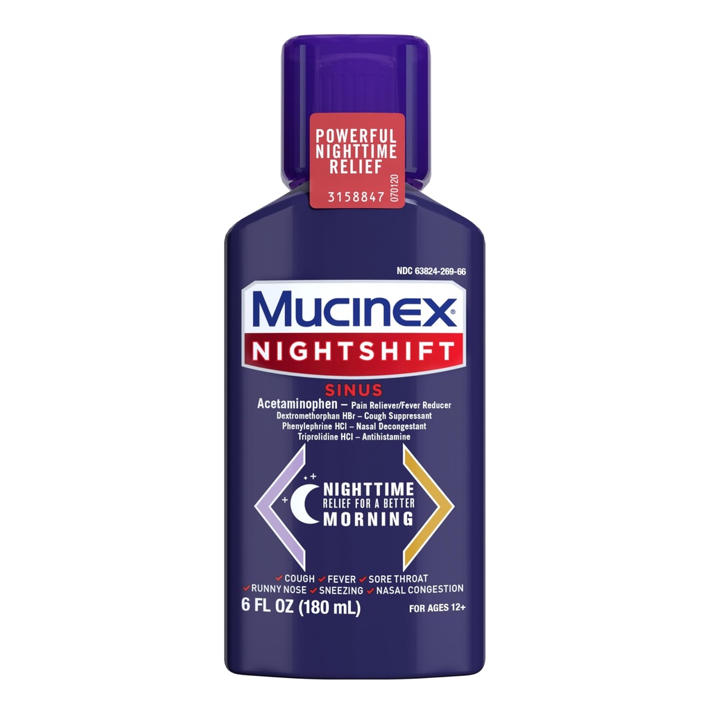 Mucinex Nightshift Siinus, Külma ja Gripi Köha Ravim Täiskasvanutele, Võimas Öine Siinuse Ravim Sinus Relief, Valulik Kurgu Relief, Köha Supressant Ja Nina Dekongestant Täiskasvanutele, 6 Fl Oz