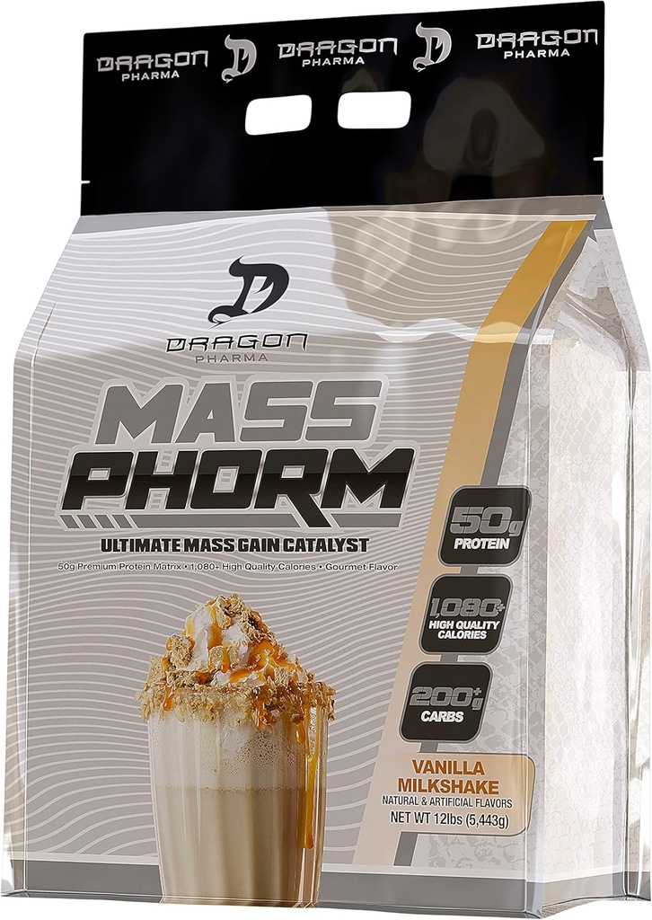 DRAGON PHARMA Mass Phorm, Ultimate Mass Gain Catalyst, 50 g Valgu Maatriks, 200 g komplekssüsivesikuid, Üle 1000 Kalori Serving (20 Servingut, Vanilla Piimakokteil)