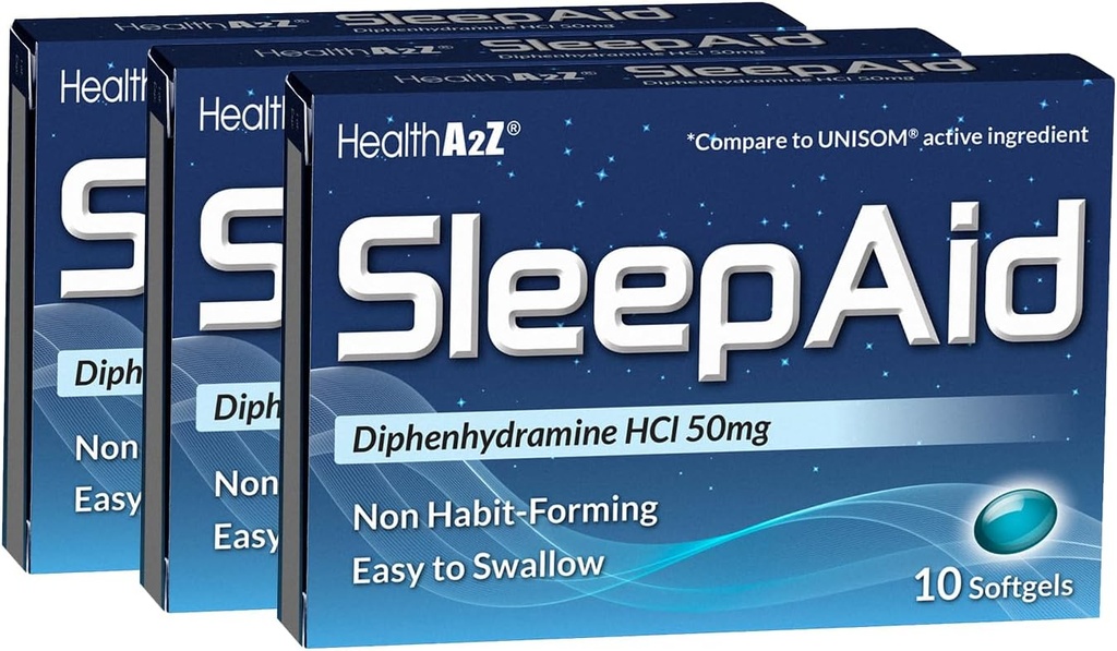 HealthA2Z® Sleep Aid | Difenhüdramiin HCL 50mg | Softgels | Toetab Sügavamat Rahulikku Magamist | 10 Loeb (3. pakk)