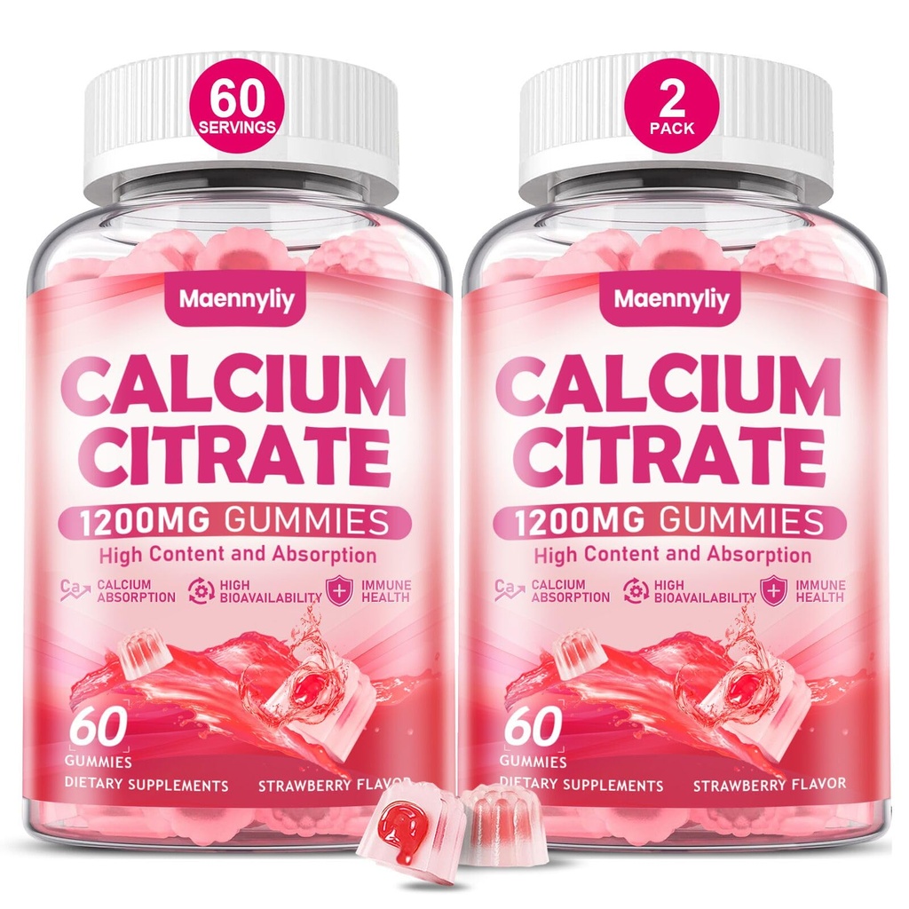 Kaltsiumtsitraatkummid 1200 mg täiskasvanutele: Ultimate Absorption Kaltsiumi lisand naistele ja meestele - lihtne seedida, vegan, mitte-GMO, gluteenivaba - looduslik maasikamaitse