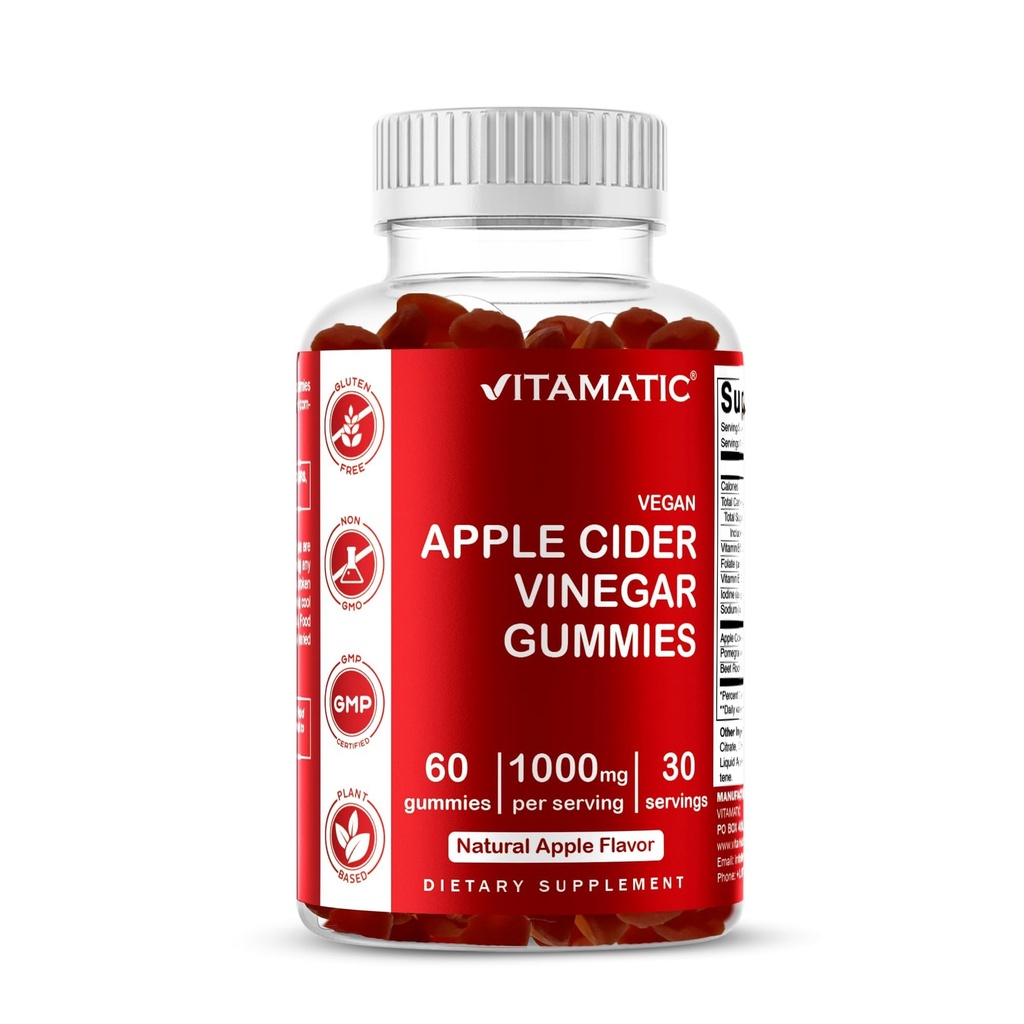 Vitamaatilised õunasiidri äädikakummid - 1000 mg ühe serveerimise kohta - 60 vegankummit - ACV-kummid detoksi, kaalulanguse toetuse, energia suurendamise, seedimise ja soolestiku tervise jaoks