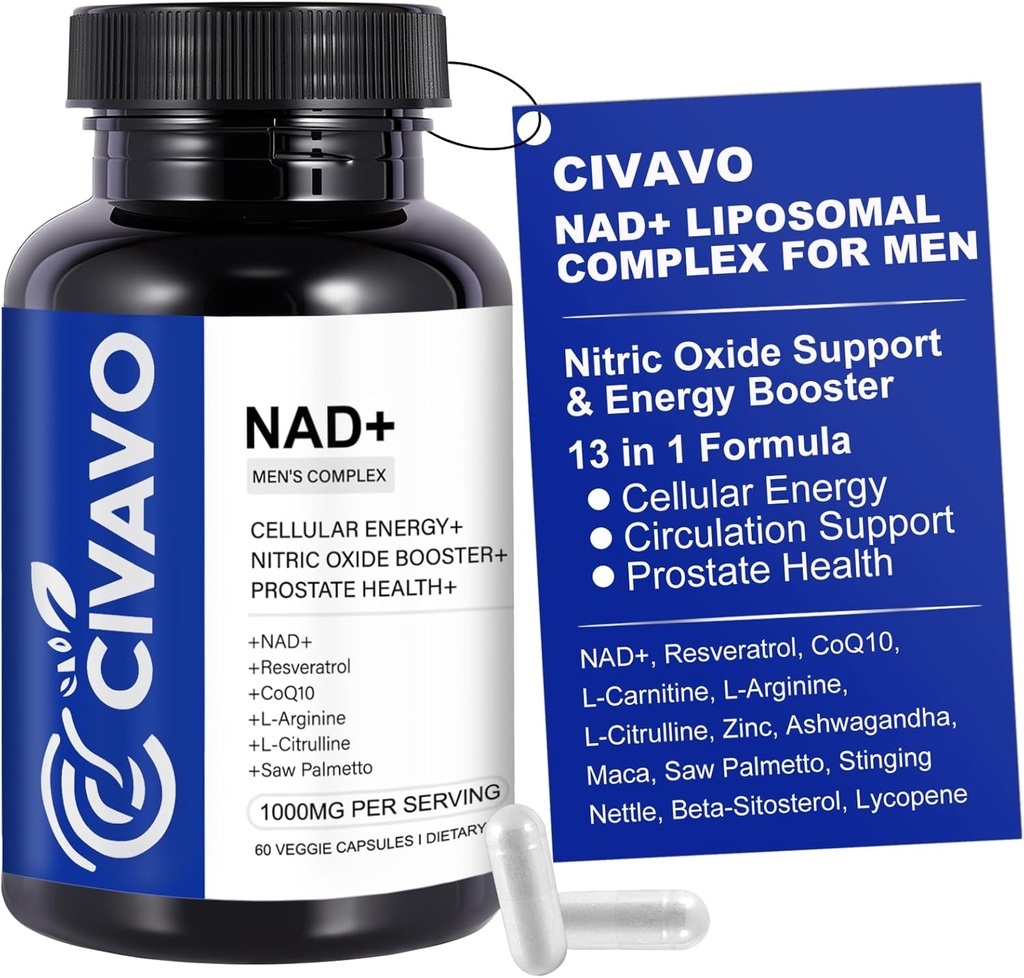 NAD+ Täiendus meestele 1000mg, NAD+ koos Resveratrooliga, CoQ10, L-tsitrulliin ja Maca juur - rakuenergia, tervisliku vananemise tugi, antioksüdant, lämmastikoksiidi eesnäärme tervis meestele - 60 kapslit