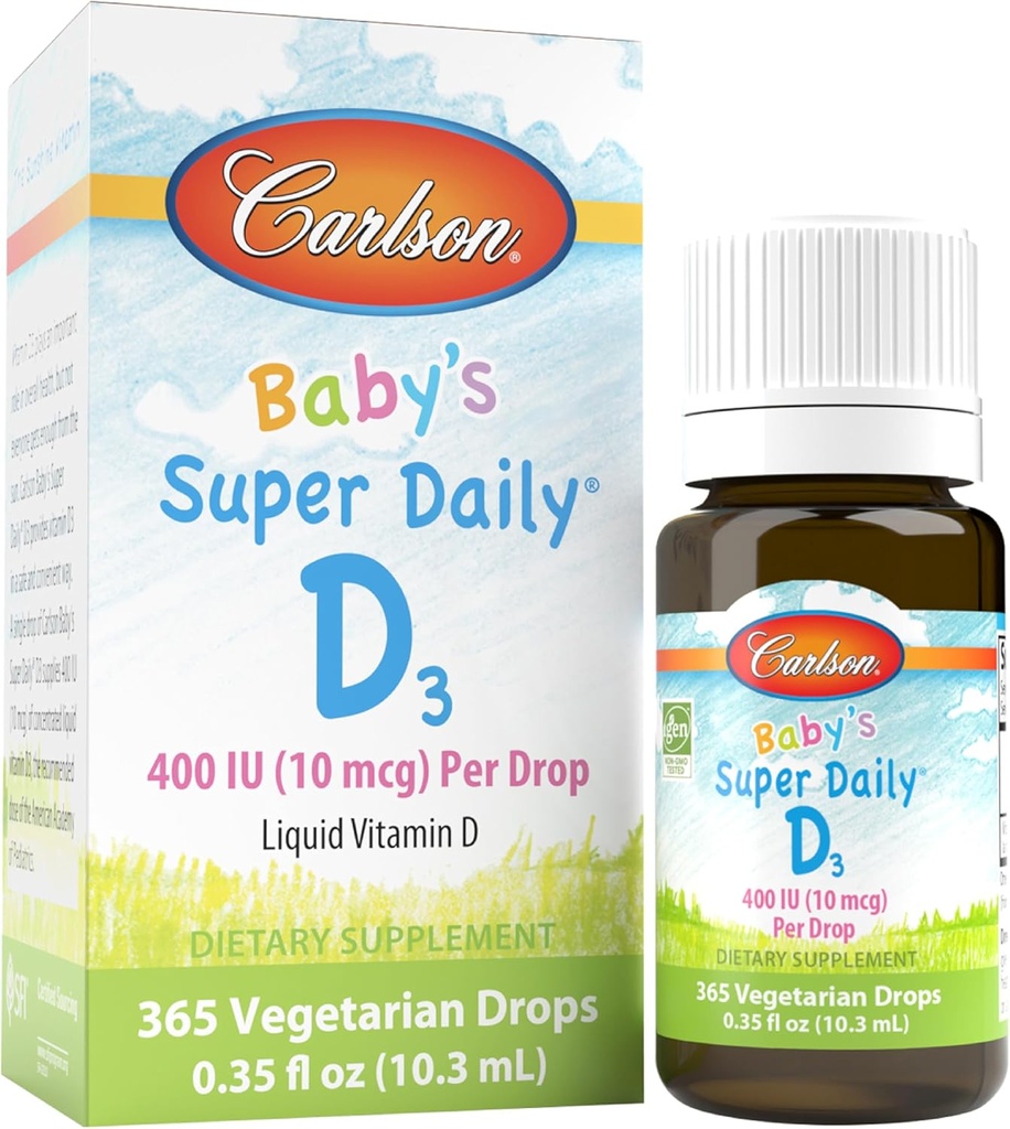 Carlson - Baby's Super Daily D3, Baby D-vitamiini tilgad, 400 IU (10 mikrogrammi) tilga kohta, 1-aastane pakkumine, taimetoitlane, vedel D-vitamiin imikutele ja väikelastele, maitsestamata, 365 tilka