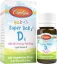 Carlson - Baby's Super Daily D3, Baby D-vitamiini tilgad, 400 IU (10 mikrogrammi) tilga kohta, 1-aastane pakkumine, taimetoitlane, vedel D-vitamiin imikutele ja väikelastele, maitsestamata, 365 tilka