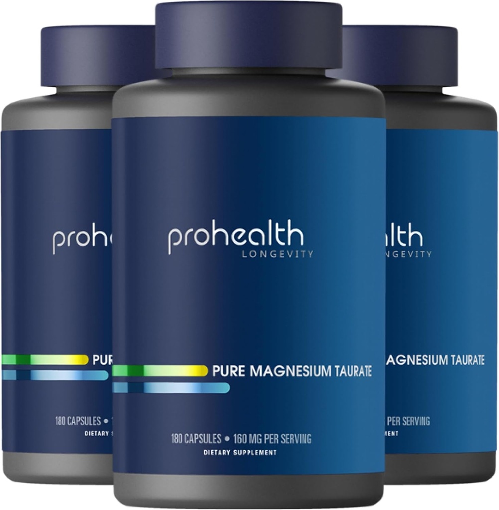 ProHealth Pure Magneesium Taurate, 160mg per Serving | Optimaalne biosaadavus toidulisand tervislikuks vananemiseks | toetab aju, südame ja lihaste tervist | Kolmanda osapoole testitud | 180 kapslit (3 pakendit)