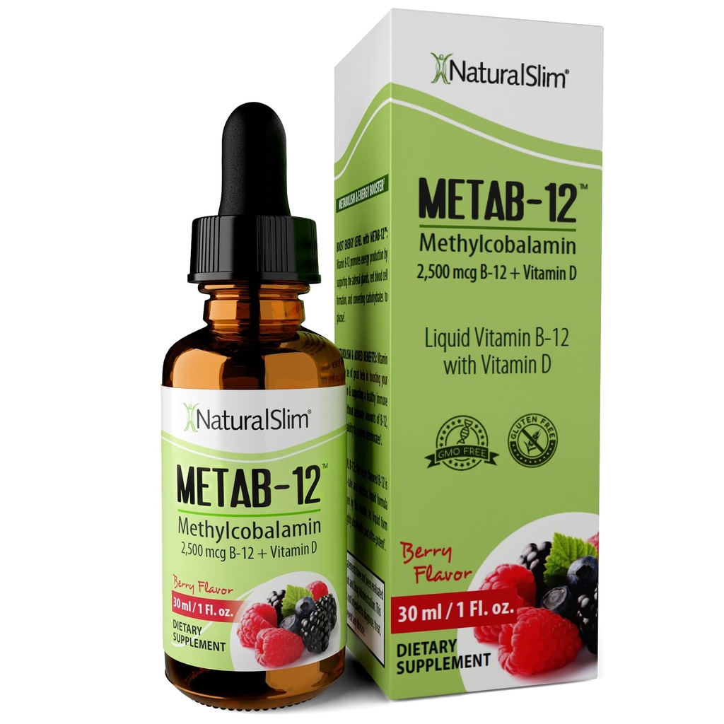 NaturalSlim Vedel B12 Vitamiinid D-vitamiiniga - Metab-12 Metüülkobalamiin 2500 mcg B12 Sublingvaalsed tilgad metabolismi, energia ja immuunsuse toetamiseks - Berry Flavor 1 fl oz