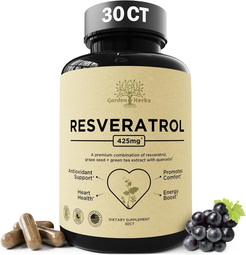 Quercetin & Resveratrooli täiendus viinamarjaseemnega - 425mg taimsed antioksüdandid ja heaolu toetus - polüfenoolid ja toitainete segu üldiseks terviseks, 30Ct
