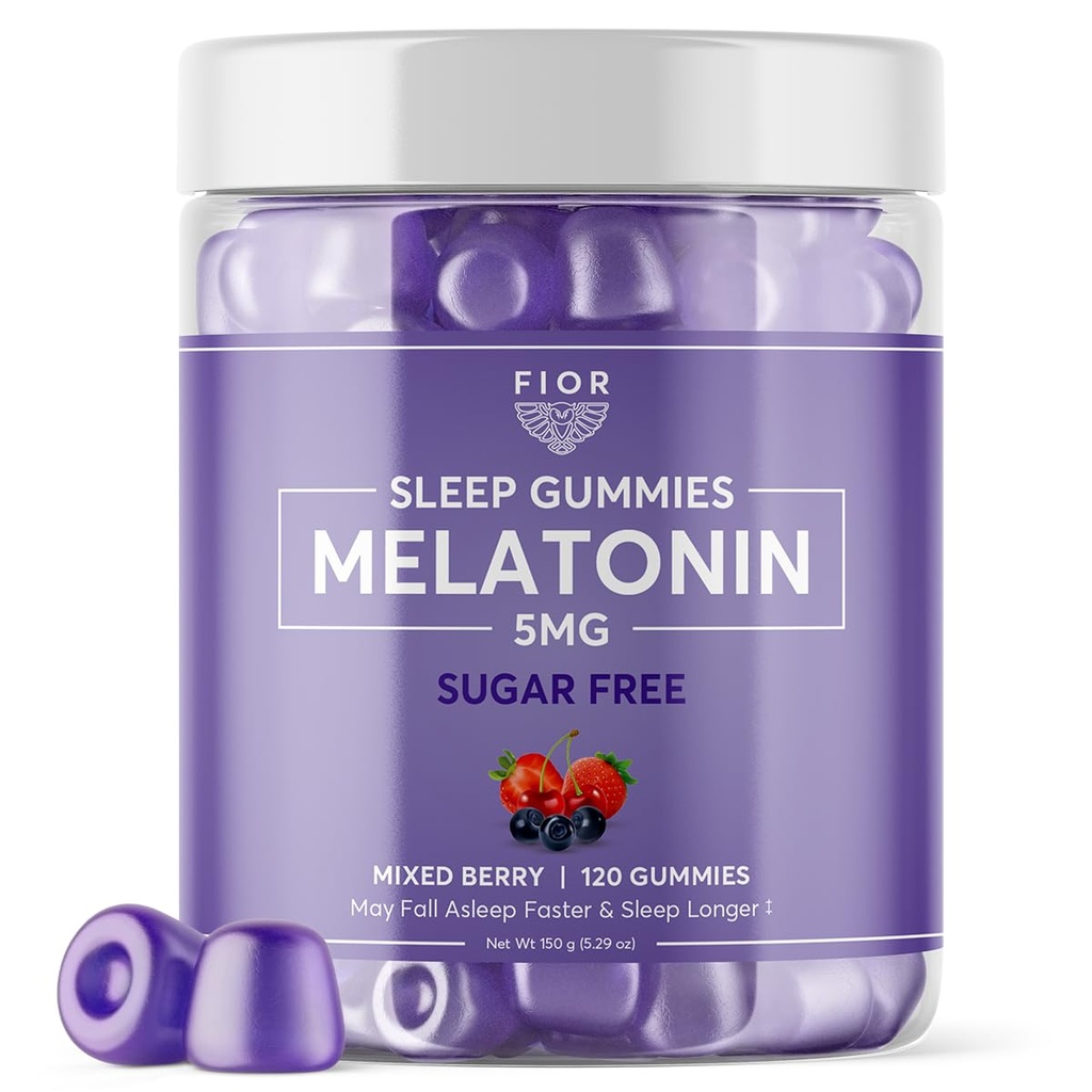 FIOR Sugar Free 120-Count Sleep Aid & Calm Gummies, Melatonin Gummies Sleep Aids täiskasvanutele ja lastele. Täiskasvanud ja lapsed Melatoniin ja L-Theanine Gummies Natural Taimne Sleep Aid.