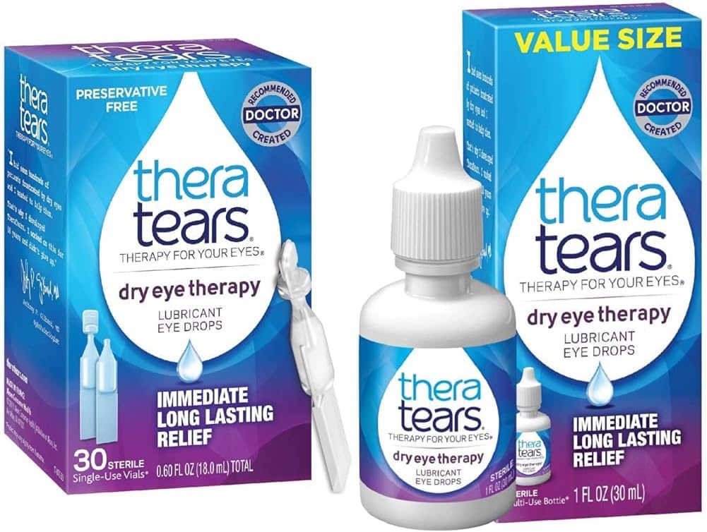TheraTears Dry Eye Therapy Lubricating Eye Drops for Dry Eyes, Preservative Free Eye Drops, 30 Single-Use Vials & Dry Eye Therapy Eye Drops for Dry Eyes, 1.0 Fl Oz