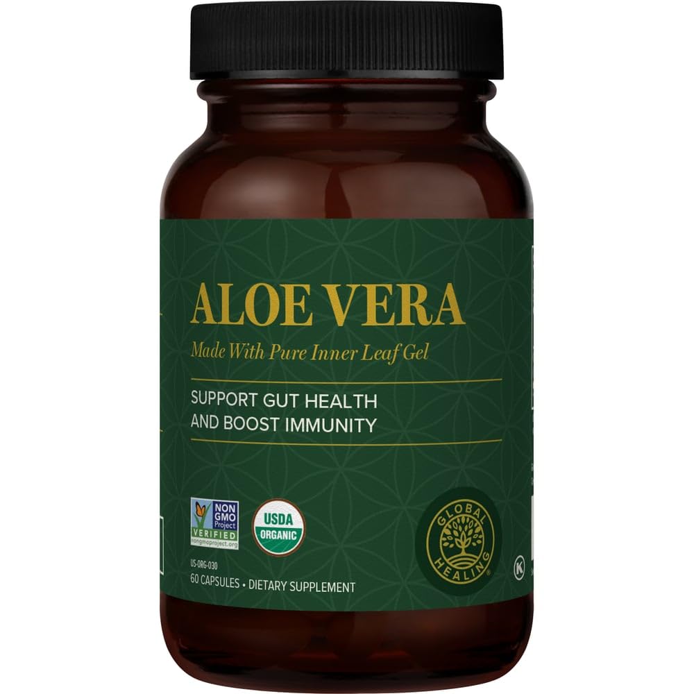 Globaalne tervendamine Aloe Vera Bio-Active Organic Leaf Supplement - 200x Concentrate valem koos kõrgeima kontsentratsiooni atsemannan - Aloin-Free - Soolestiku tervise ja immuunsüsteemi tugi - 60 kapslit