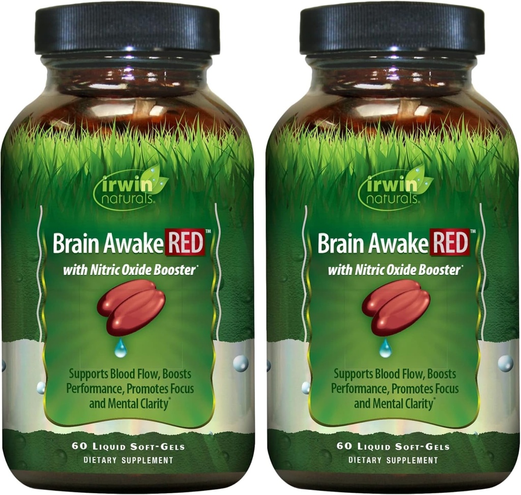 Irwin Naturals Brain Awake Red with Lämmastikoksiidi Booster – 60 vedelat pehmet geeli, pakett 2 – aju tervise toetamine ja optimeerimine – 40 kokku