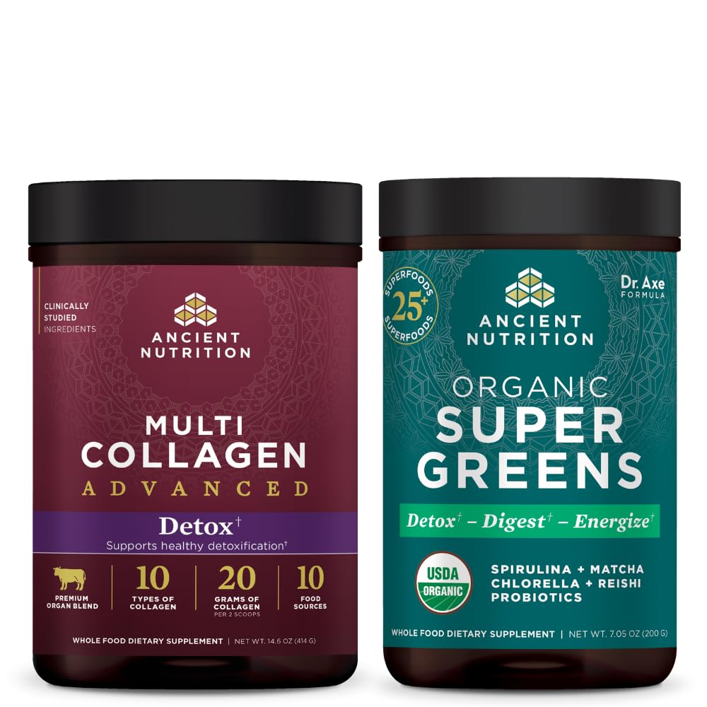 Ancient Nutrition Multi Collagen Advanced Powder Cleanse & Detox, Maitsestamata, 36 Servings + Organic SuperGreens Powder, Rohelised Maitse, 25 Servings