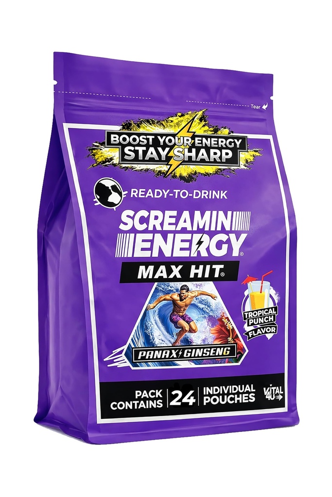 Screamin Energy Max Hit Tropical Punch Maitse - Maksimaalne tugevus Suhkruvaba energia Shot ženšenni, B-vitamiinide ja kofeiiniga - 24 Count
