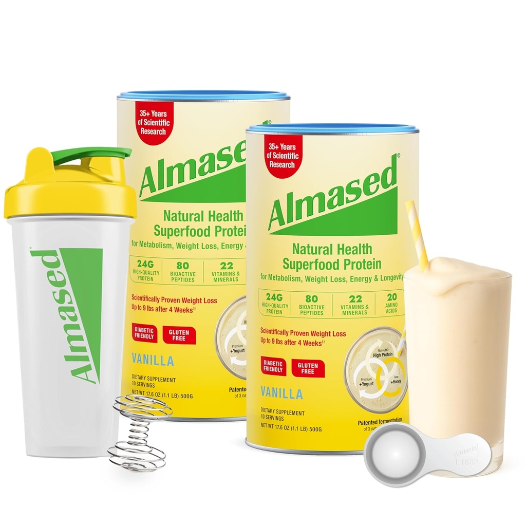 Almased Meal asendamine Shakes kaalulangus - Valgupulber - Starter Kit (Almond Vanilla Flavor, 2 Cans 17,6 oz + Shaker Bottle + Scoop)