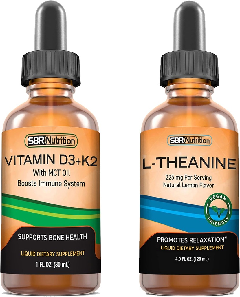 SBR Toitumine D3+K2 ja L-Theanine Bundle Vitamiin D3K2 (MK7) Vedelad tilgad, piparmünt, 1oz | L theanine 225mg Vedelad tilgad, 2oz | täiskasvanutele ja lastele | Mitte-GMO, Gluteenivaba
