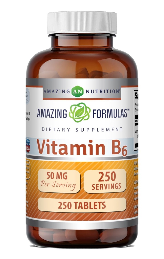 Amazing valemid Vitamiin B6 Püridoksiin 50mg 250 Tabletid Supplement | Non GMO | Gluteenivaba | Valmistatud USAs