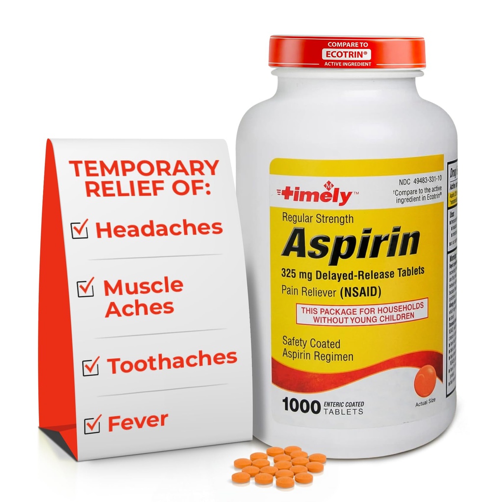 Time-CAP LABS, INC. Õigeaegne regulaarne tugevuse aspiriin 325 mg - 1000 soolestikuga kaetud tabletti - valu leevendaja väiksemate valude ja valude korral, palaviku vähendaja - valmistatud USA-s