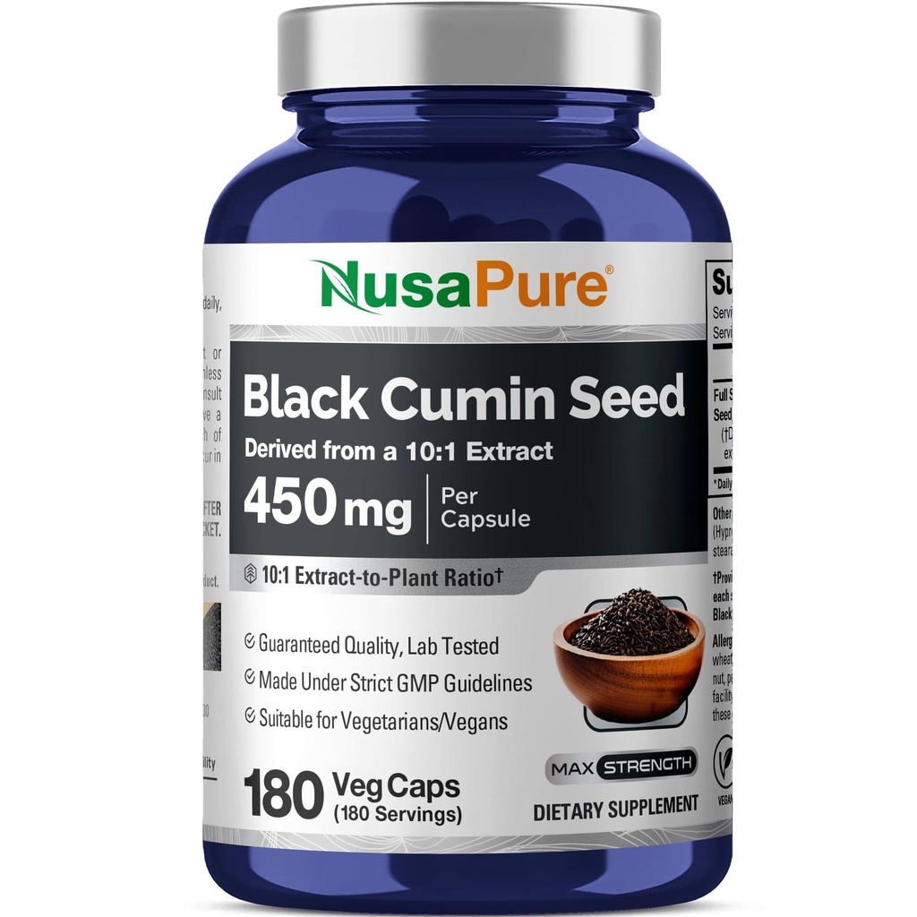 NusaPure Full Spectrum Black Cumin Seed 10: 1 Ekstrakt, 450 mg, mis vastab 4500mg 180 Veggie Powder Caps Non-GMO, Vegan Non-Oily