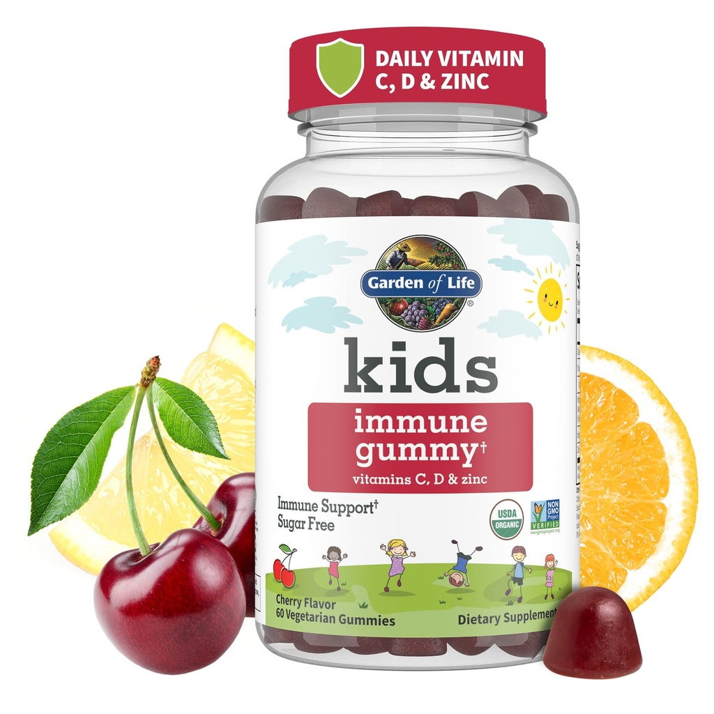 Aed Life Kids Immune Support Gummies koos vitamiin C, D kui D3 ja tsink 3-in-1 igapäevane laste immuunsus - orgaaniline, mitte-GMO, gluteenivaba, taimetoitlane, suhkruvaba, kirsi maitse, 30 päeva pakkumine