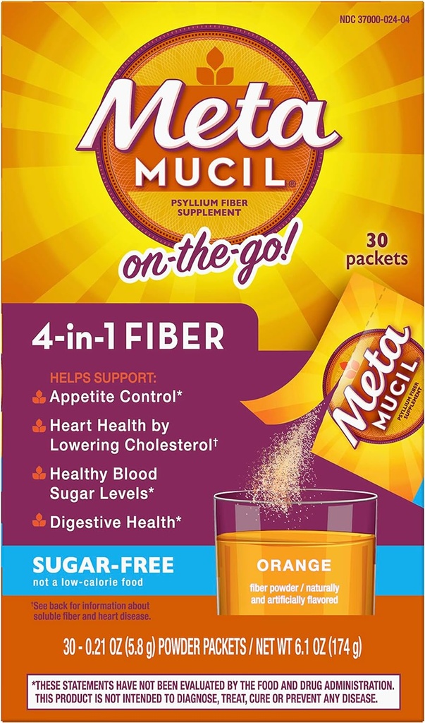 Metamucil Fiber 4-in-1 Psyllium Fiber Supplement Sugar-Free Powder Single-Serve Packets Orange Maitsestatud Jook 2 Karp 30 Pakendid (OLD)
