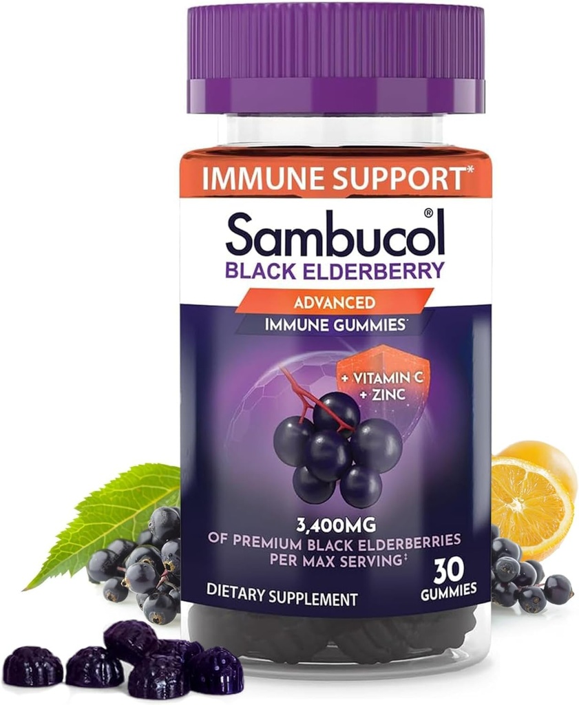 Sambucol Black Elderberry Gummies - Elderberry koos tsingi ja C-vitamiini täiskasvanutele, Sambucus Gummies, Immune Support - 30 Count