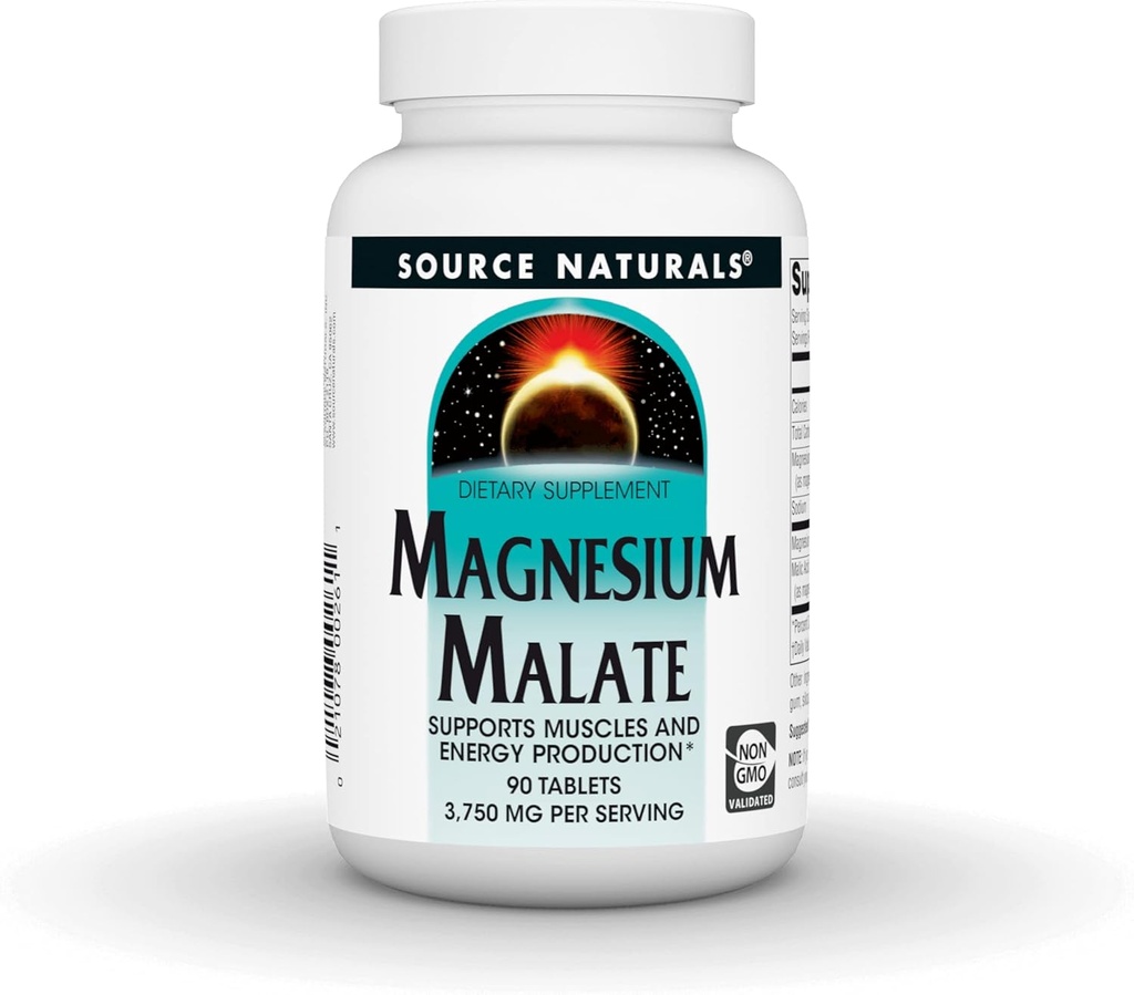 Source Naturals Magnesium Malate, Supports Muscles and Energy Production*, NonGMO, Vegetarian Friendly Magnesium Supplement, 3,750 MG per Serving - 90 Tablets
