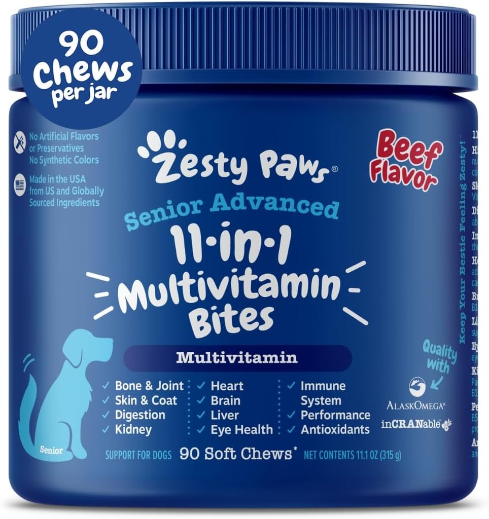 Zesty Paws Senior Dog Multivitamin Treats - Glucosamine for Dogs + Digestive Enzymes & Probiotics - Grain Free Dog Vitamins and Supplements for Skin & Coat + Immune Health Beef - Advanced - 90ct