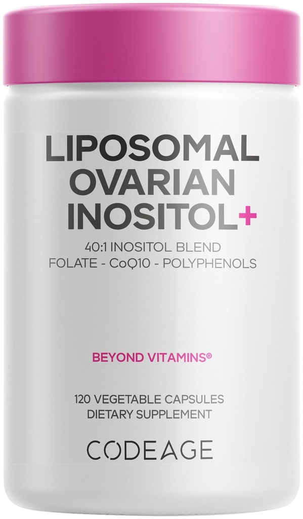 Koode Liposomaalsed munasarjad Inositool + Supplement - Myo-Inositool & D-Chiro-Inositool 40: 1 segu, folaat 5-MTHF, CoQ10, granaatõunad ja metsmustika, Liposomal Delivery, Non-GMO, Gluteenivaba - 120 kapslit