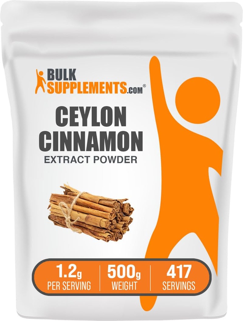BulkSupplements.com Cinnamon Bark Extract Pulber - Ceylon Cinnamon Supplement, Taimne täiendus - Vegan & Gluten Free, 1,2 g per Serving, 500g (1,1 naela) (pakk 1)