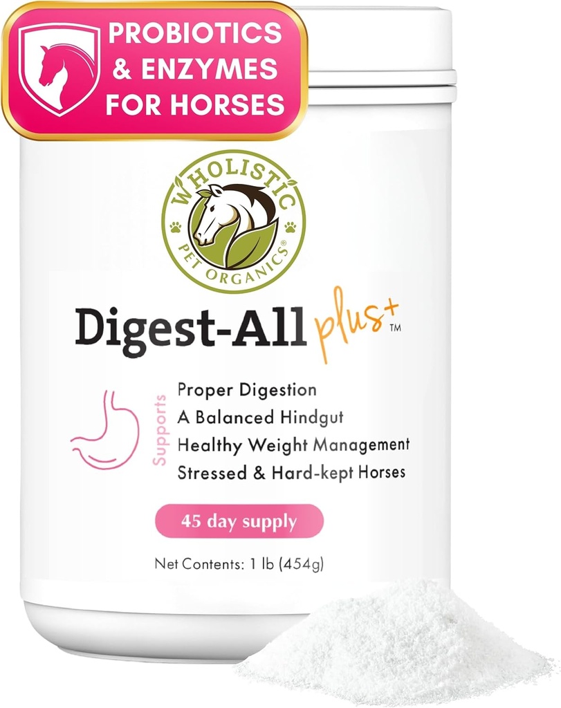 Wholistic Pet Organics Digest-All Plus: Hobuste probiootikumid Pulber - 1 Lb - Hobuste probiootikumid ja prebiootikumid seedetrakti ensüümidega - Hobuste seedetrakti toidulisandid gaasi, kõhukinnisuse ja soolestiku tervise jaoks