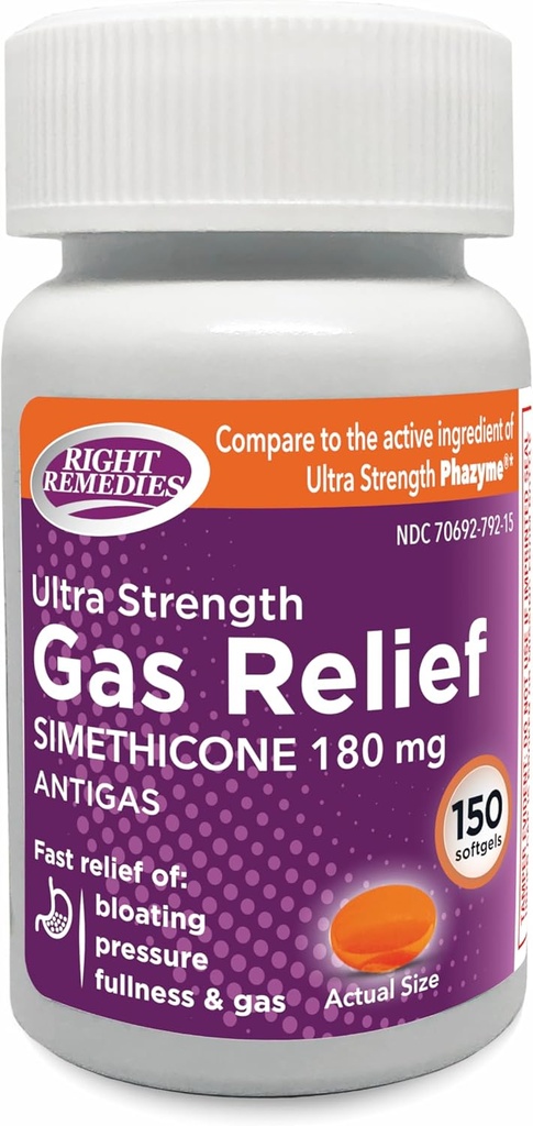 Gas Relief Ultra Tugevus, 180mg Simethicone (150 Softgels) Kiire leevendus gaasist, Bloating, Fullness, Painful Disfort, Võrreldes Ultra Tugevus Phasyme Active Koostisosa