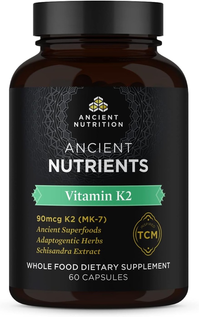 Ancient Nutrition Vitamiin K2 täiendus, K2-90mcg K2, Adaptogeensed maitsetaimed, aktiveeritud ensüüm, toetab kardiovaskulaarset funktsiooni, Paleo & Keto Friendly, 60 kapslit