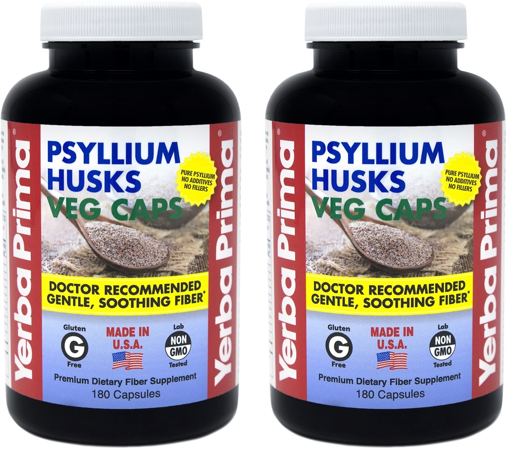 Yerba Prima Psyllium Husks Veg Caps - 180 Count (2 Pack) (625mg) - Vegan, Non-GMO, Gluteenivaba, Colon Cleanser, Daily Fiber Supplement Soolestiku Tervis ja korrapärasus