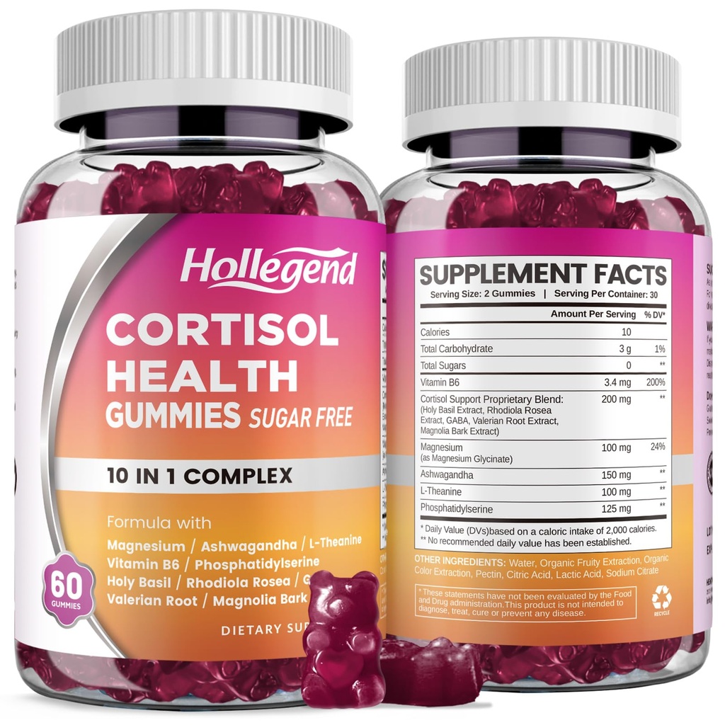 Kortisooli täiendused naistele meestele, kortisoolikummid koos ashwagandhaga, magneesium, L-teaniin, fosfatidüülseriin, B6 kortisooli detox, lõdvestumine, uni, fookus, suhkruvaba, vegan, 120