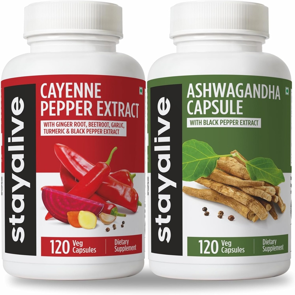 STAY ALIVE Cayenne ja Ashwagandha Bundle w / Black Pepper Extract kapslid, 240 Vegan Pills, Non-GMO & Gluten Free Ashwagandha Cayenne Pepper Supplement