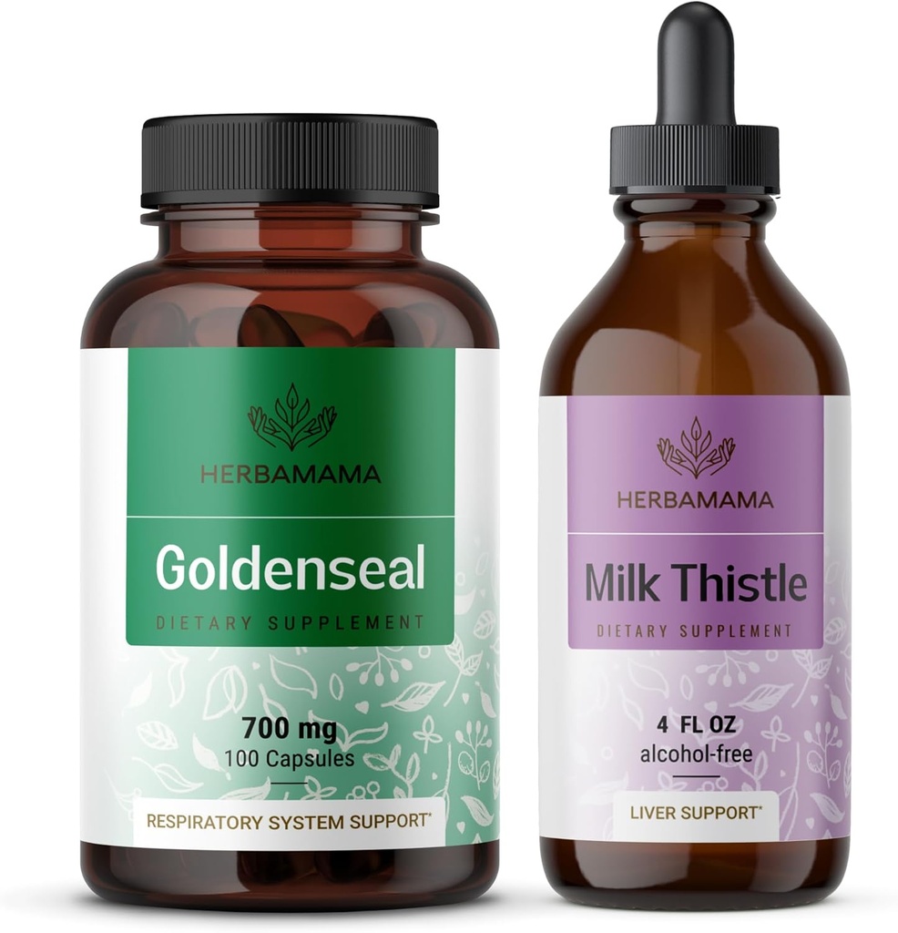 HERBAMAMA Goldenseal ja Piimaohakakomplekt - 700 mg kuldse juure kapslite ja piimaohaka tinktuur 2 fl oz - Vegan, GMO-vaba, suhkur ja alkoholivaba - 2 pakend