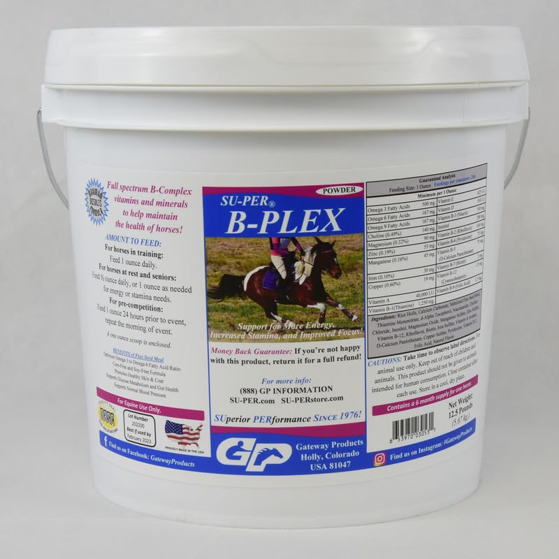 SU-PER B-Plex Pulber Hobuste vitamiinid - Täielik B-kompleksi hobuste vitamiinid ja mineraalid Täiendus - Tervislikud kabjad, punased verelibled, hobuste rahustav pulber - 12,5 naela, 6 kuu pakkumine (180 päeva)