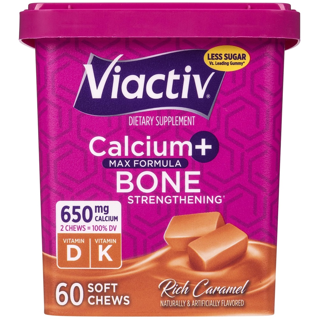 Viactiv Kaltsium + D-vitamiini täiendus Pehmed närimiskoed naistele ja meestele - närimiskõlblik kaltsium luude tervise toetamiseks, 650 mg ühe serveerimise kohta, D & K-vitamiin suure imendumise jaoks - 60 loend, karamell