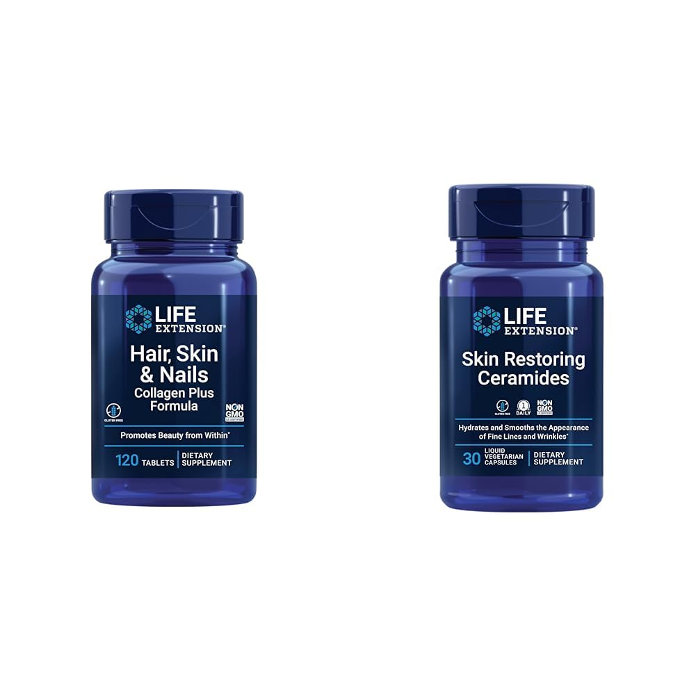 Life Extension Hair, Skin & Nails Collagen Plus Formula 120 Count & Skin Restoring Ceramides 30 Vedelad Taimekapslid